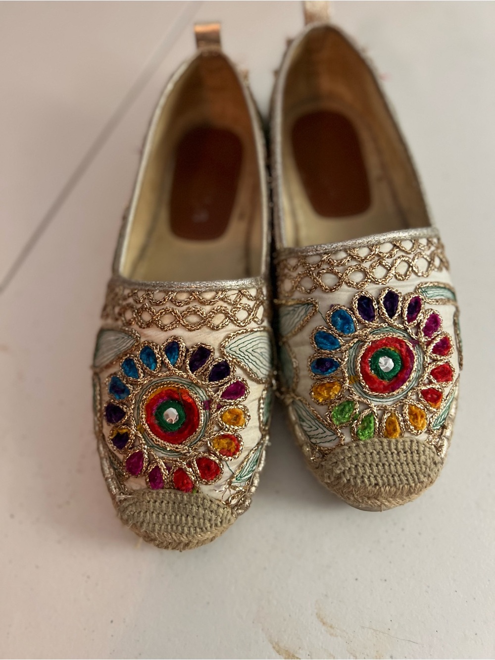 Embellished Cream Espadrille Flats with Multicolor Gem Accents